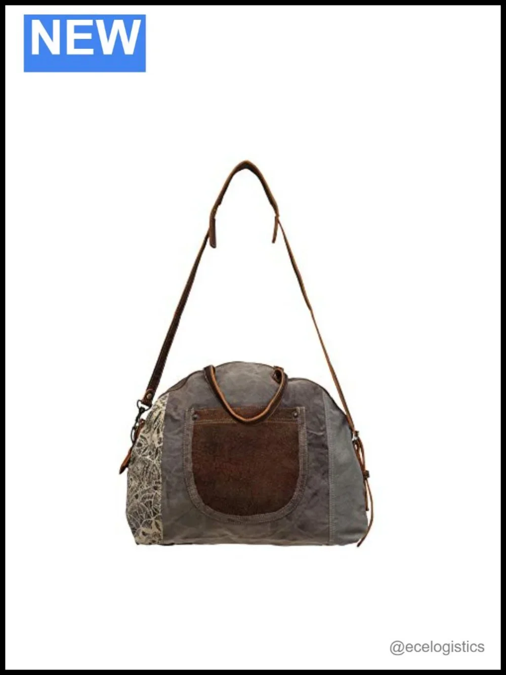 Upcycled Canvas Leather Trim Shoulder Bag with Floral Print